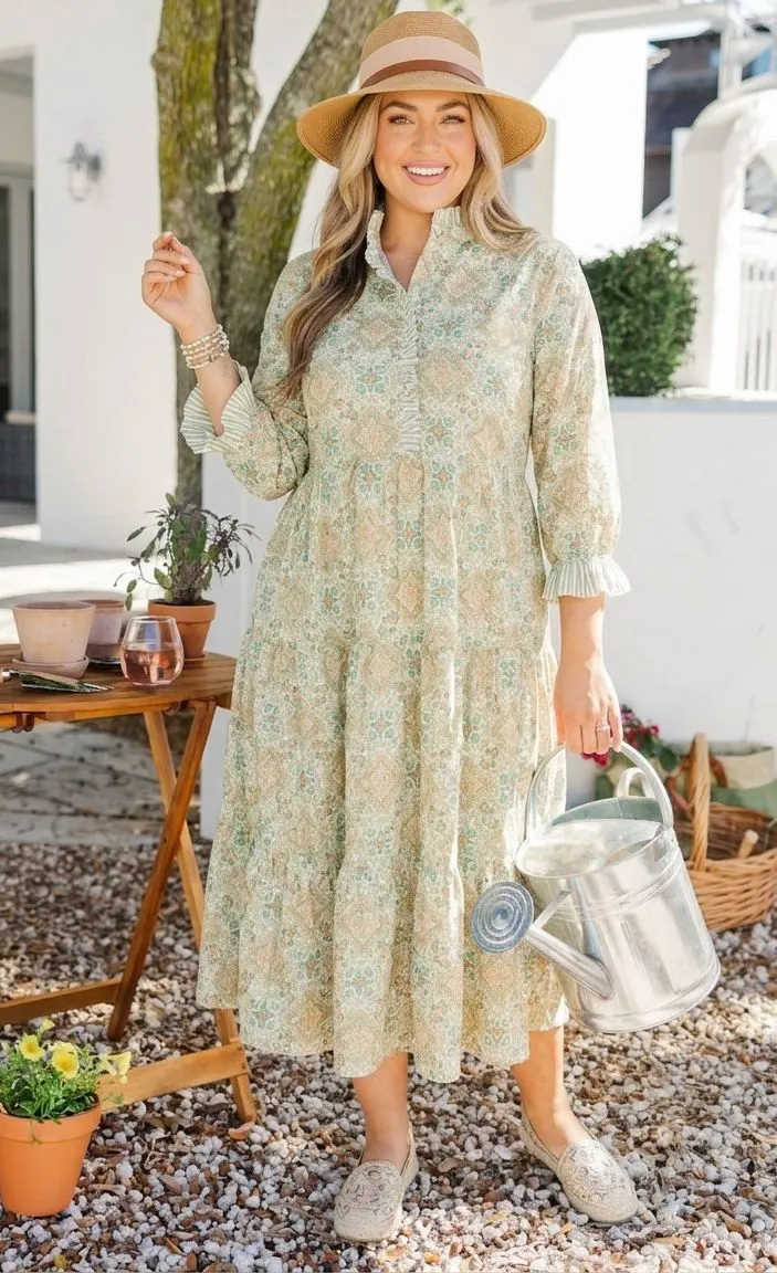 Flowing Sage Green Floral Midi Dress