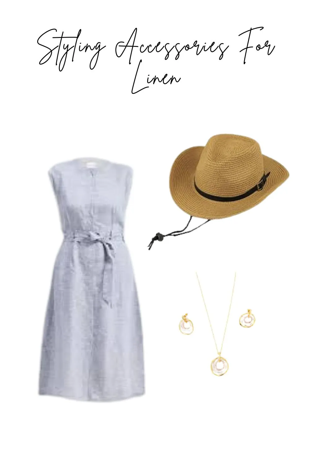 Accessories like a straw hat and gold jewelry for a summer dress