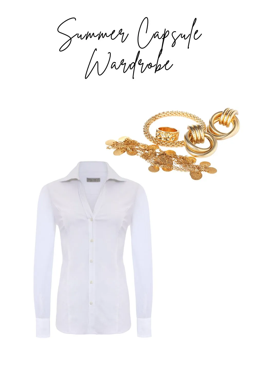 Flat lay of a white poplin shirt and gold accessories