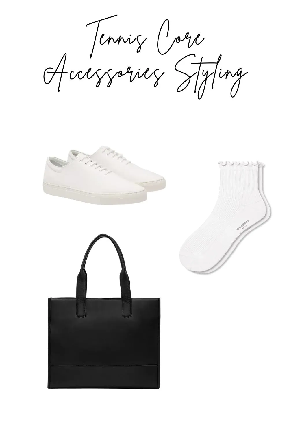White sneakers with ruffled socks and a leather tote bag