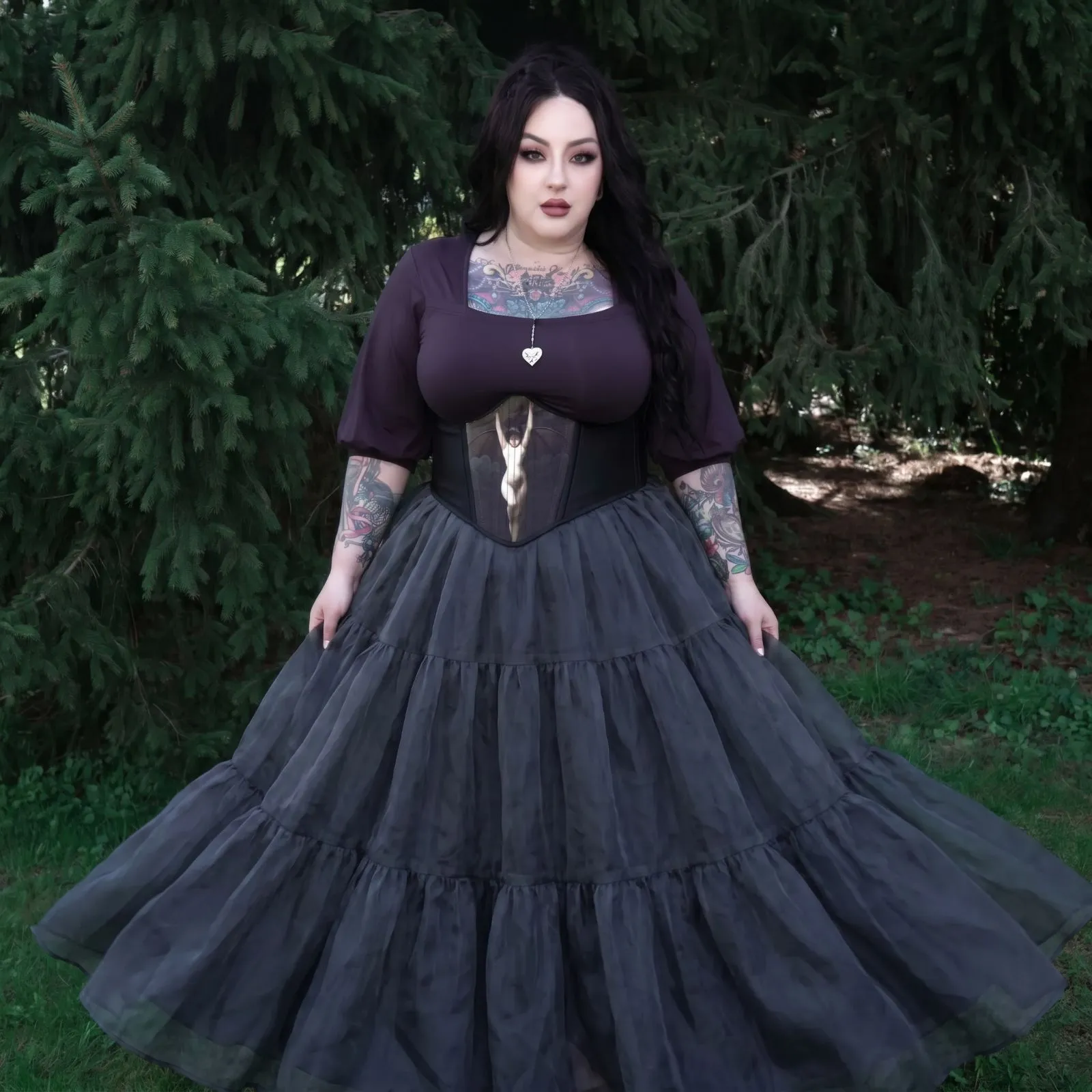 Deep charcoal grey tiered ruffled organza maxi skirt flowing beautifully