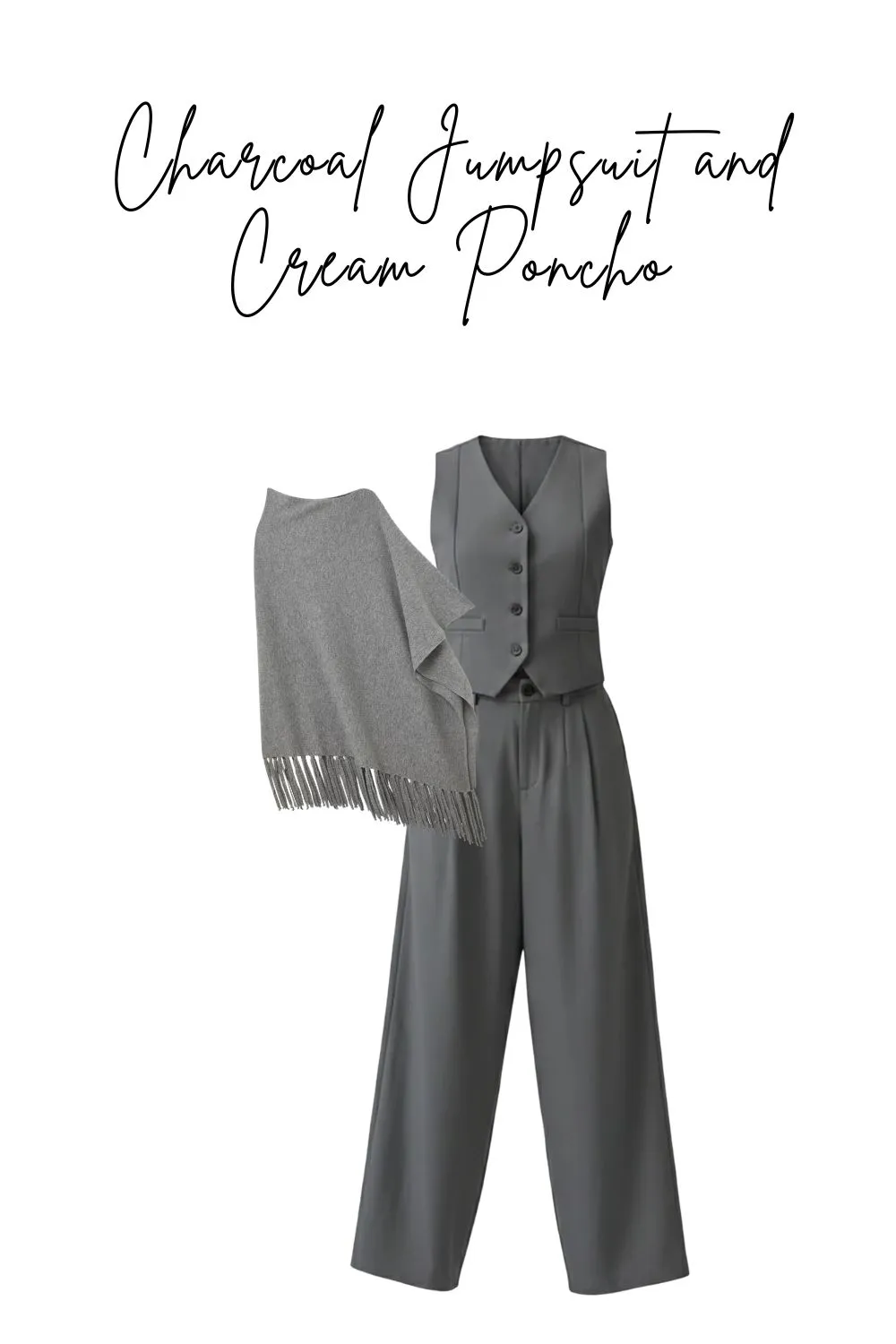 Flat lay of a wide-leg charcoal jumpsuit and a cream cashmere poncho