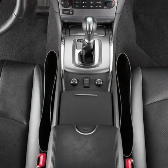 Woman in linen blazer organizing a minimalist car interior