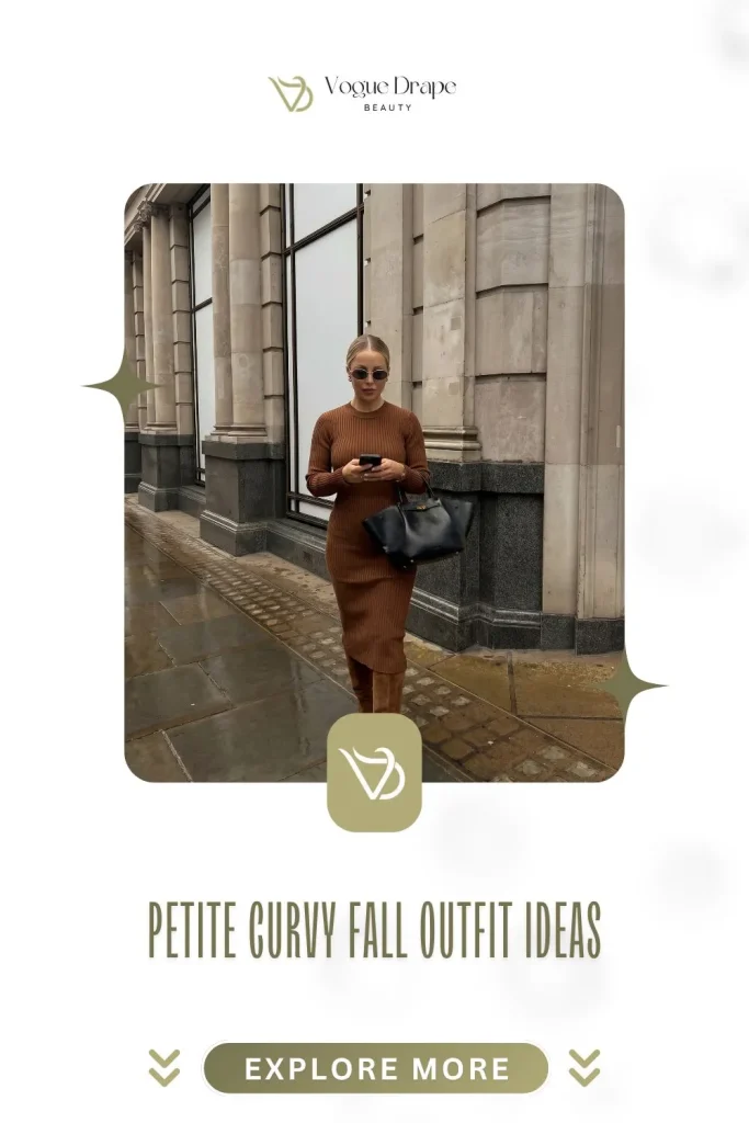 A stylish petite woman with a curvy figure wearing a monochromatic fall outfit and knee-high boots.