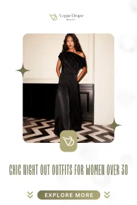 A stylish woman over 30 wearing a black tailored jumpsuit and gold statement accessories for a sophisticated night out.