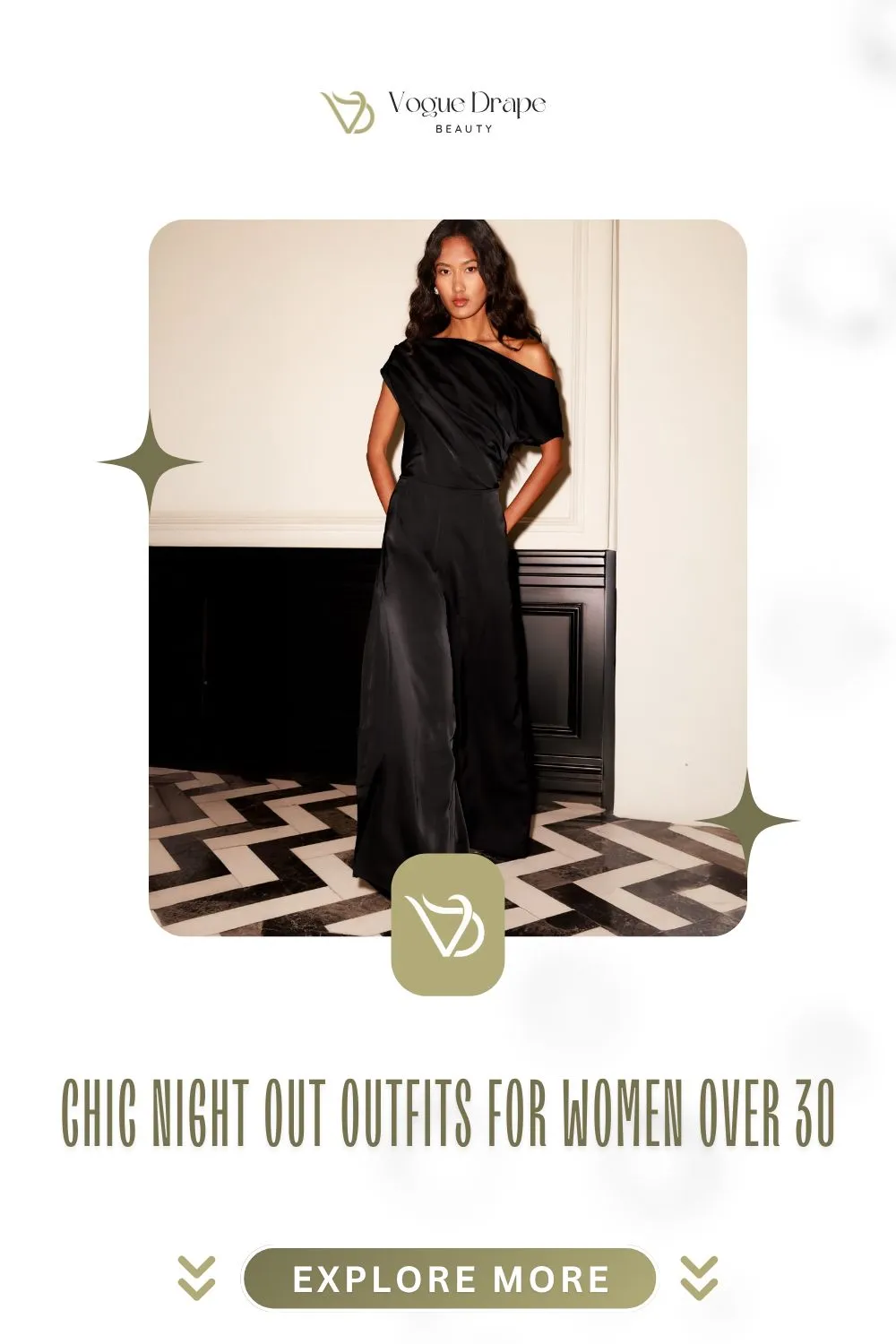 A stylish woman over 30 wearing a black tailored jumpsuit and gold statement accessories for a sophisticated night out.