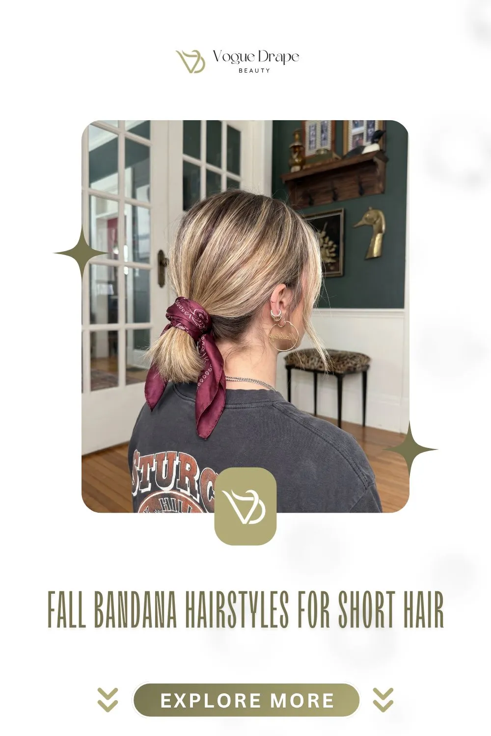A stylish woman with a short bob hairstyle wearing a crimson silk bandana in an autumnal outdoor setting.