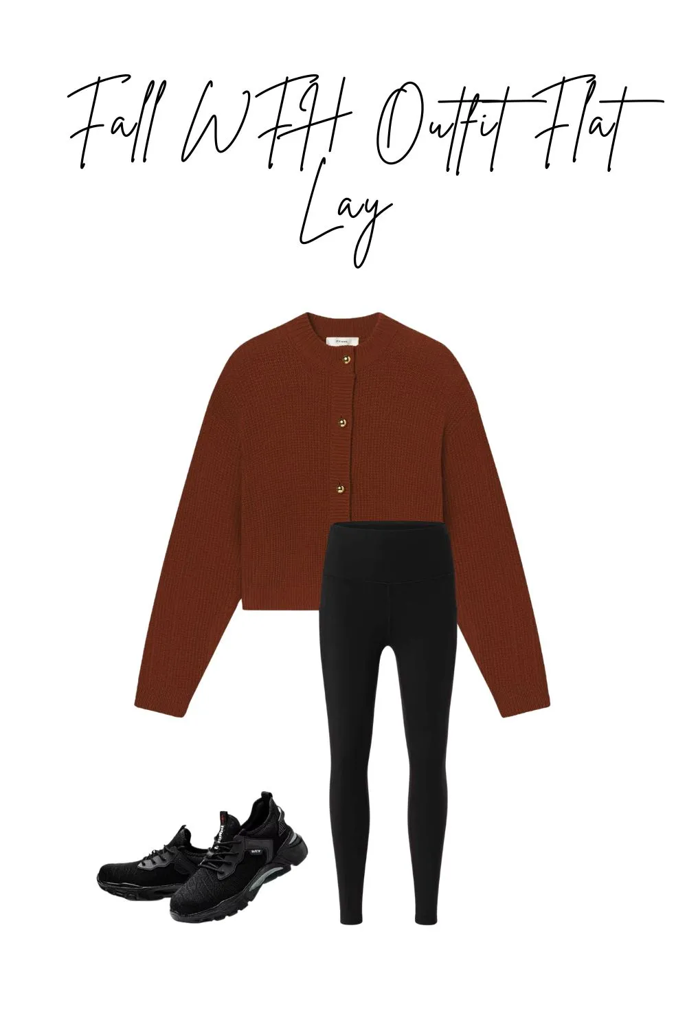 Flat lay of rust cable knit cardigan and black leggings