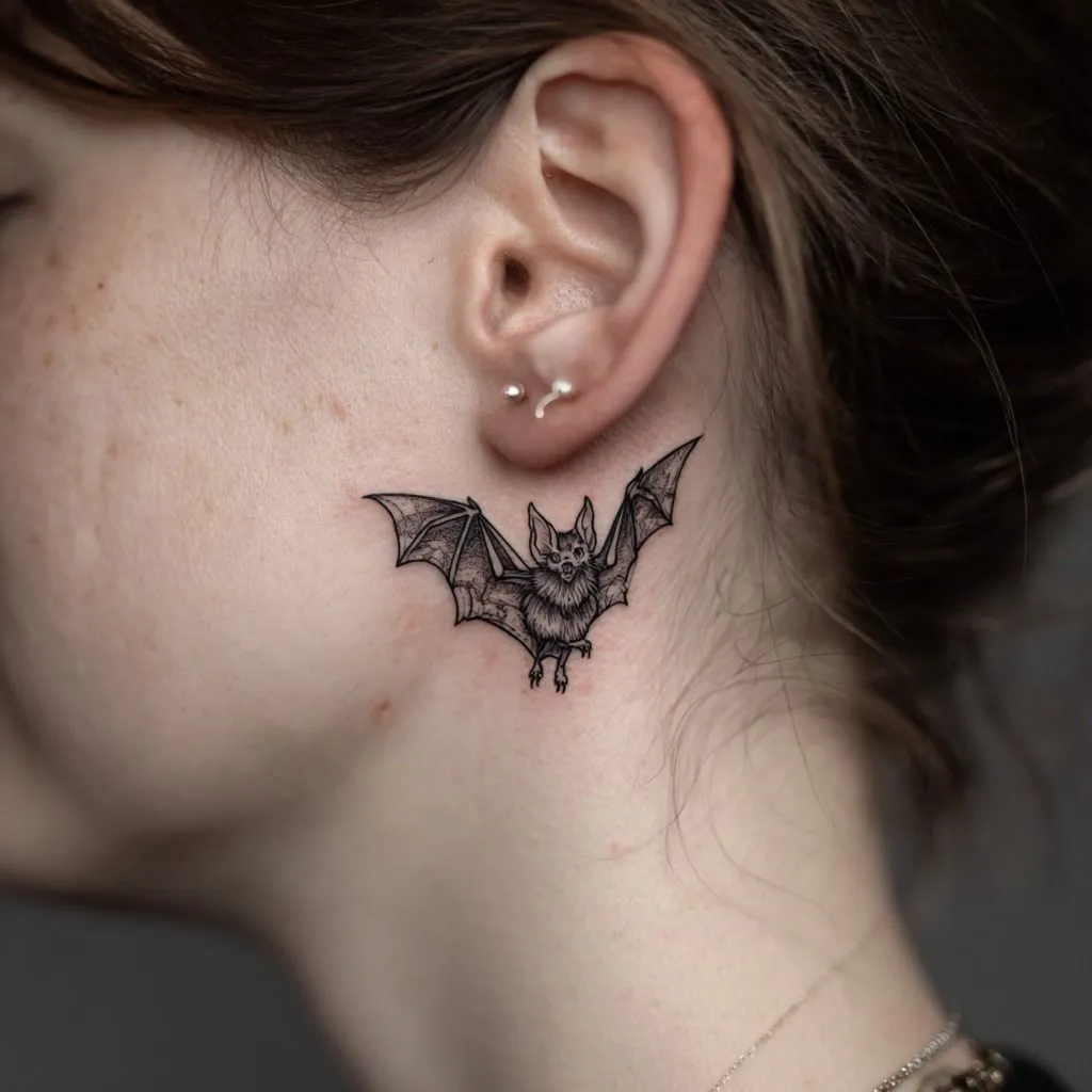 Close up of a minimalist geometric bat tattoo behind the ear on a woman with medium brown skin