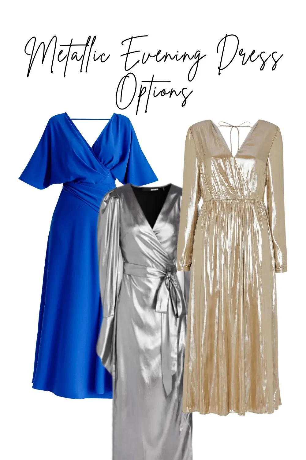 Electric blue, silver, and gold metallic wrap dresses.