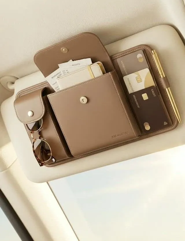 Cream vegan leather sun visor organizer for a clean car aesthetic