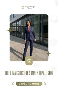 A woman CEO wearing a navy power-shoulder structured linen pantsuit for a summer boardroom meeting.