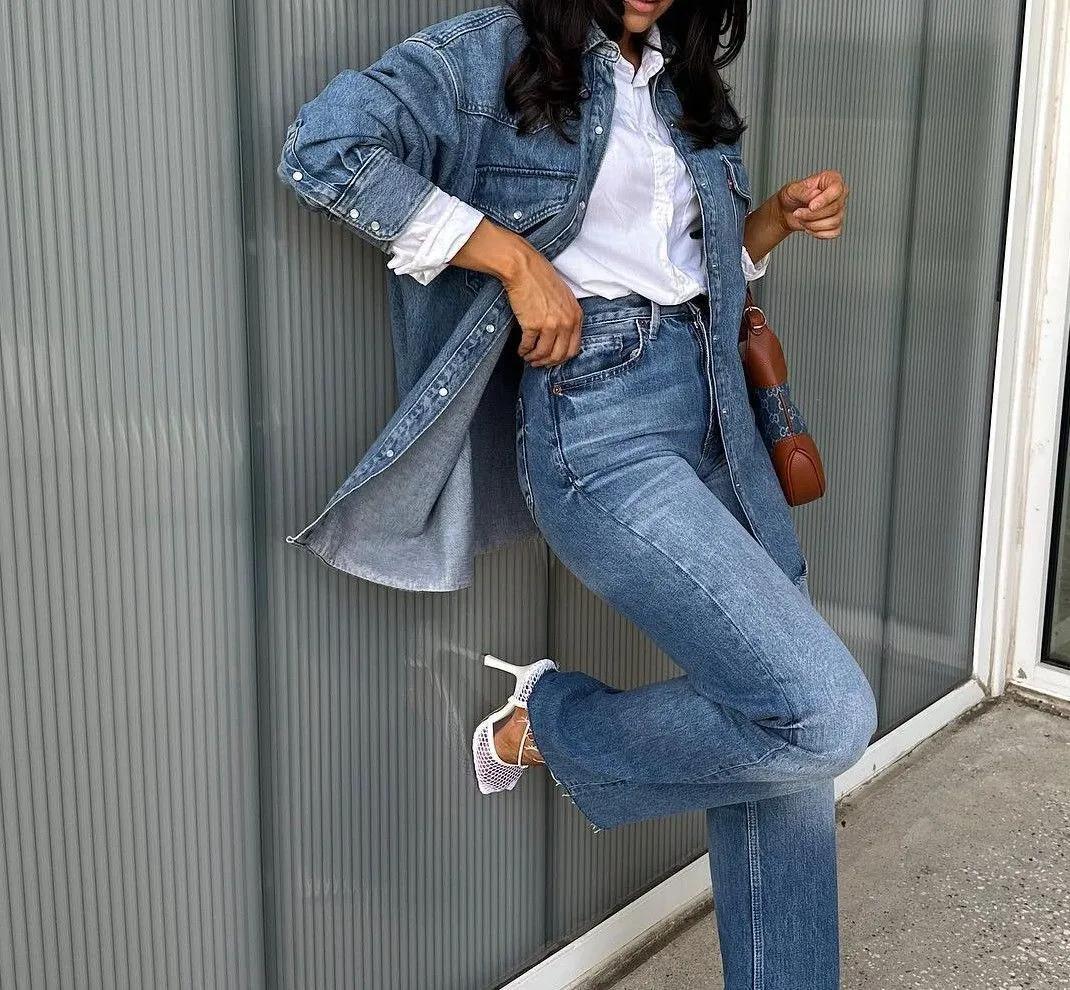 Close up of perfectly fitted dark wash jeans on curvy figure
