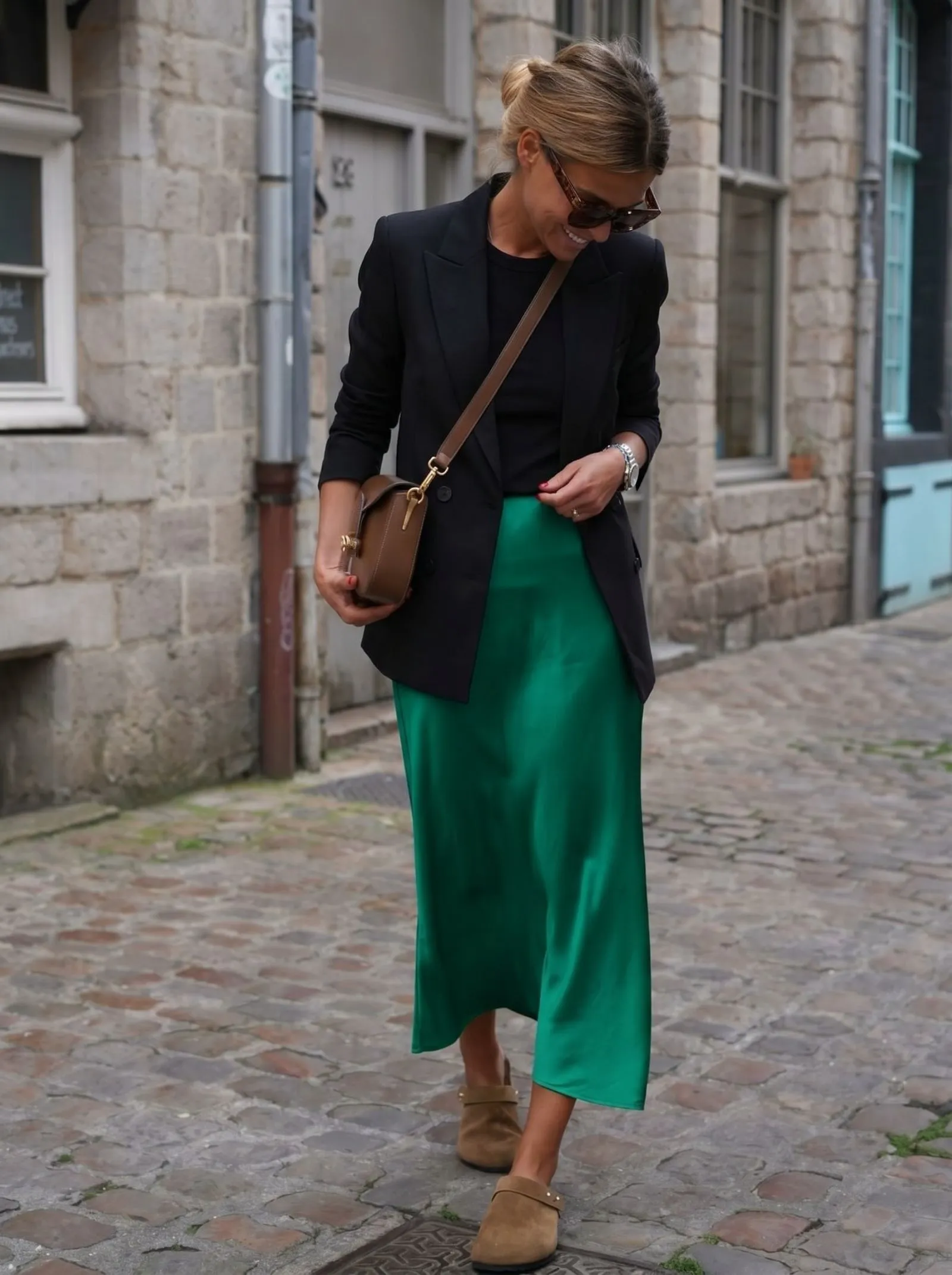 Woman wearing a green satin midi skirt and black structured blazer for a night out