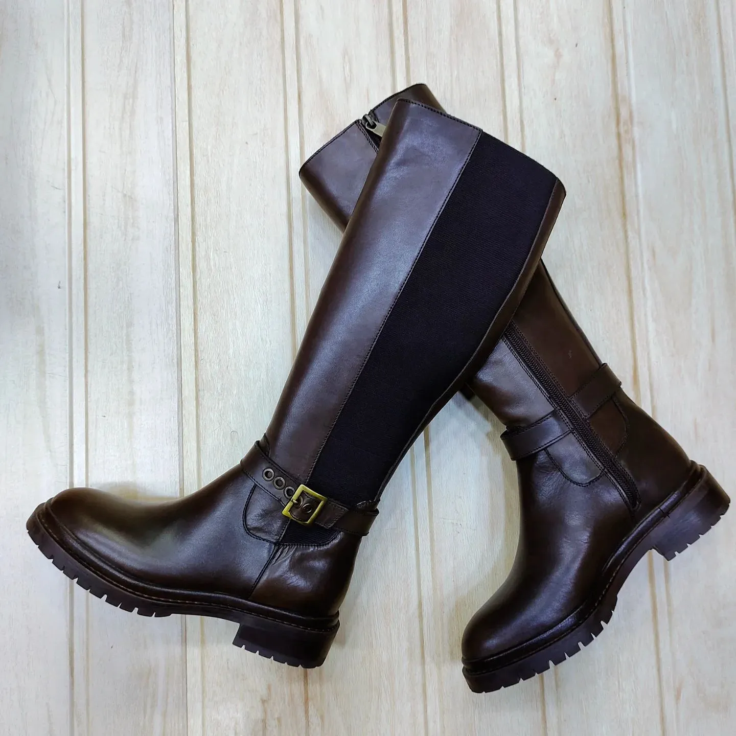 Mahogany leather knee-high boots with block heel