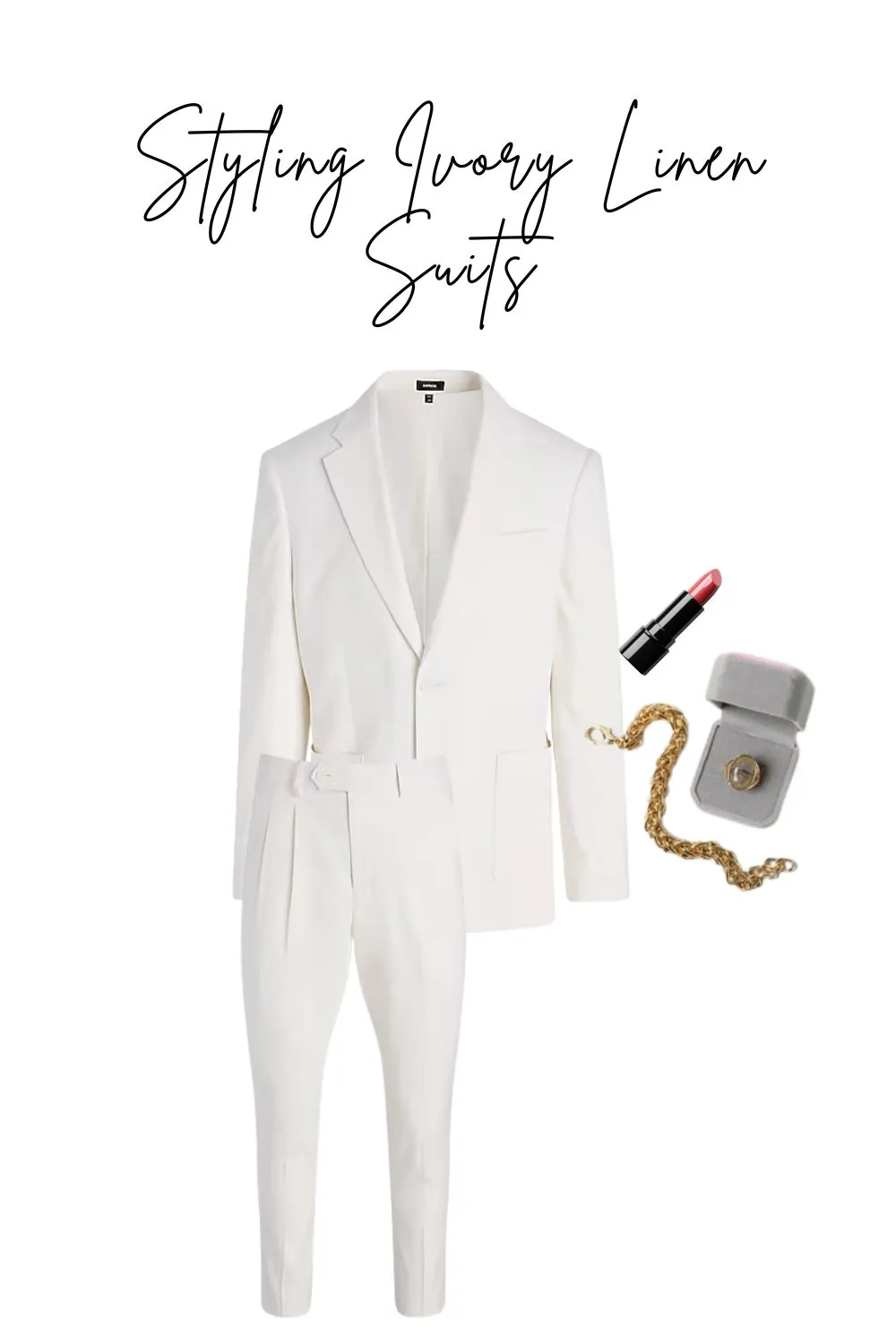 Gold jewelry and nude lipstick for styling an ivory linen suit