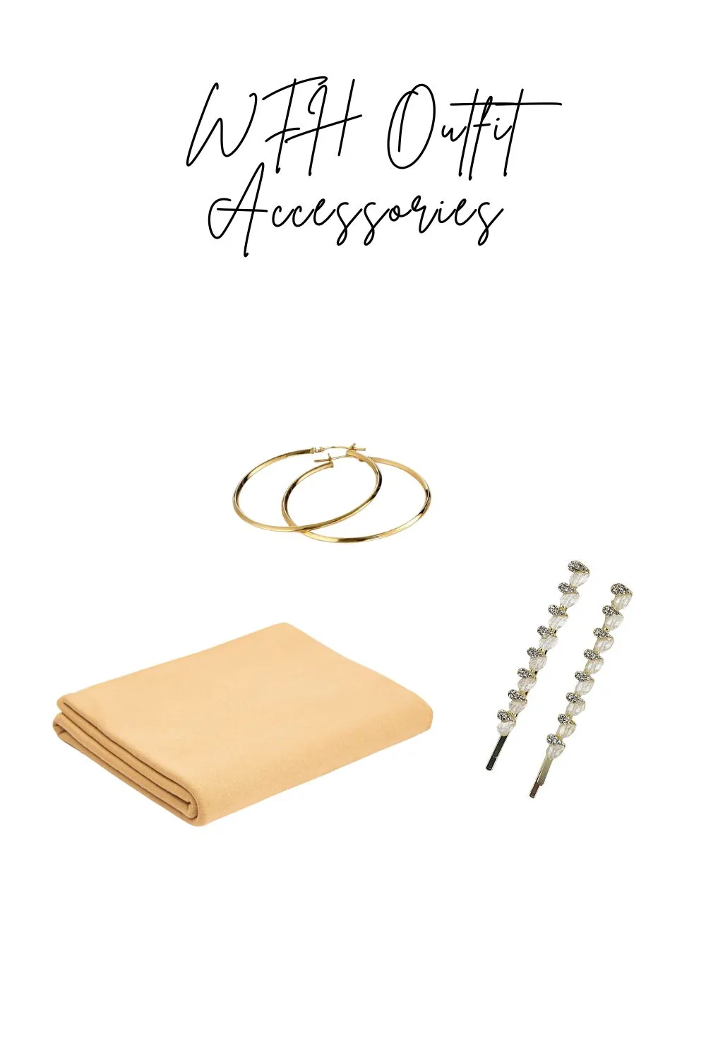Flat lay of gold hoop earrings, hair clip, and skin tint on cozy cotton fabric